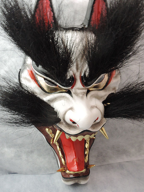 石見神楽面：悪狐（黒毛・眉毛有）
