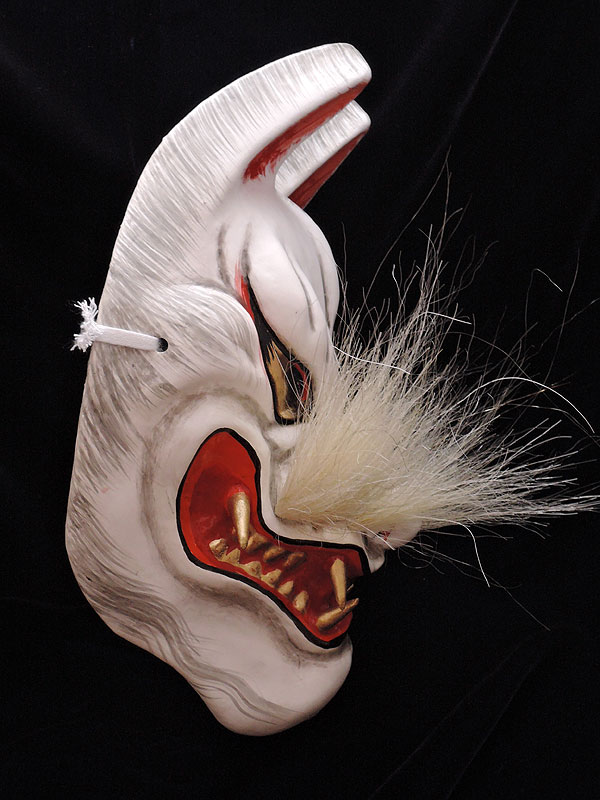 柿田勝郎面工房：石見神楽面 悪狐（白狐 顎固定 咥え有 3