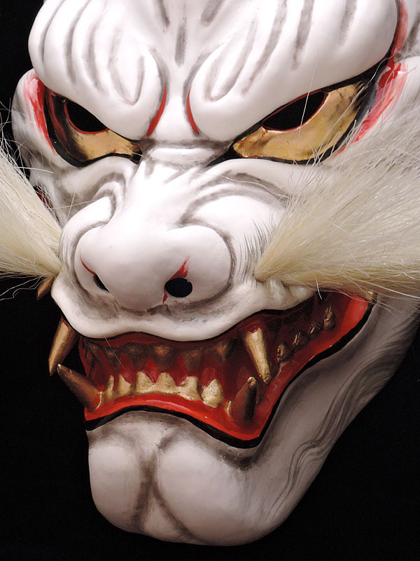 柿田勝郎面工房：石見神楽面　悪狐（白狐　顎固定　咥え有 ３号型）