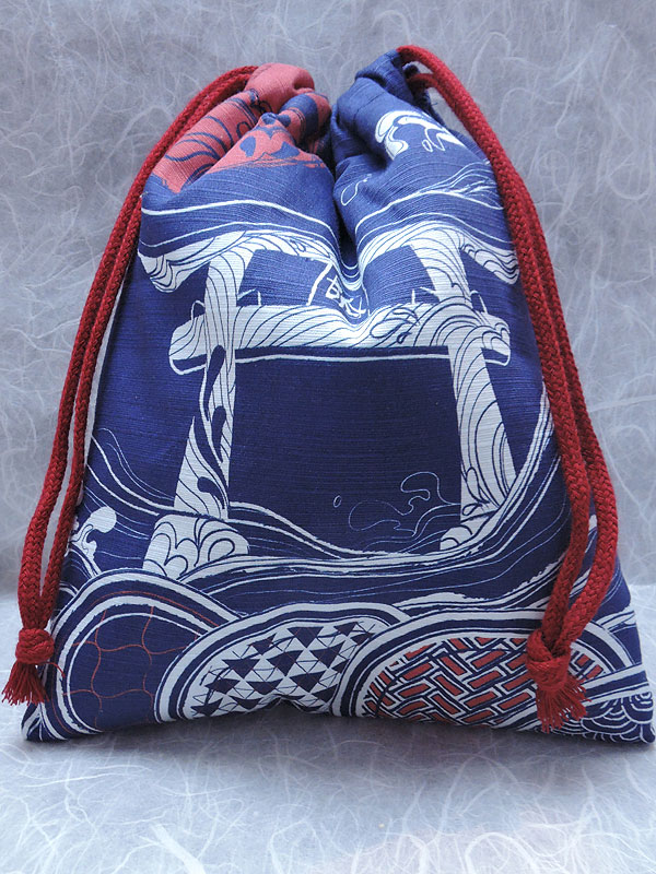 狐面堂：巾着「波和柄」（狐口面用）