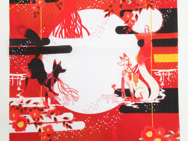 手拭い「狐と椿」