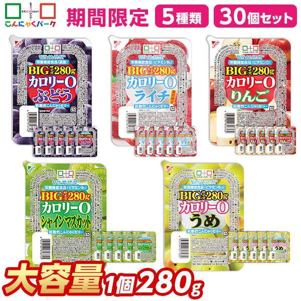 こんにゃくゼリー ダイエット食品 食べ比べセット 0カロリー 低糖質こんにゃくゼリー ぶどう りんご シャインマスカット うめ ライチ まとめ買い BIGサイズ カロリーゼロ ゼリー ダイエット 栄養機能食品 蒟蒻ゼリー ファスティング 5種類 1個280g 30個入