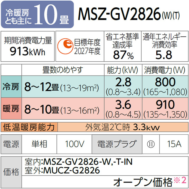 2026年モデル 三菱 エアコン 霧ヶ峰 10畳用 2.8kw MSZ-GV2826-W 壁掛