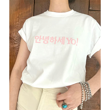 アンニョンハセヨ！プリントＴシャツ ホワイト×ピンク b