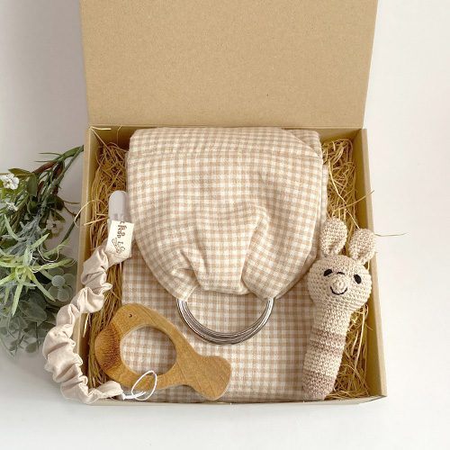 オーガニックギフト｜ベビースリング｜歯固め もこもこホルダー（かえる or さかな）｜うさぎのあみぐるみ｜名入れ対応｜箱ラッピング付き｜出産祝い