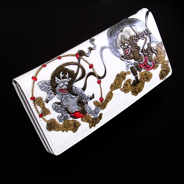 【未使用保管品※内側の合皮の剥がれなどあり】風神雷神 牛革 長財布 未使用保管品※内側の合皮の剥がれなどあり】風神雷神 牛革 長