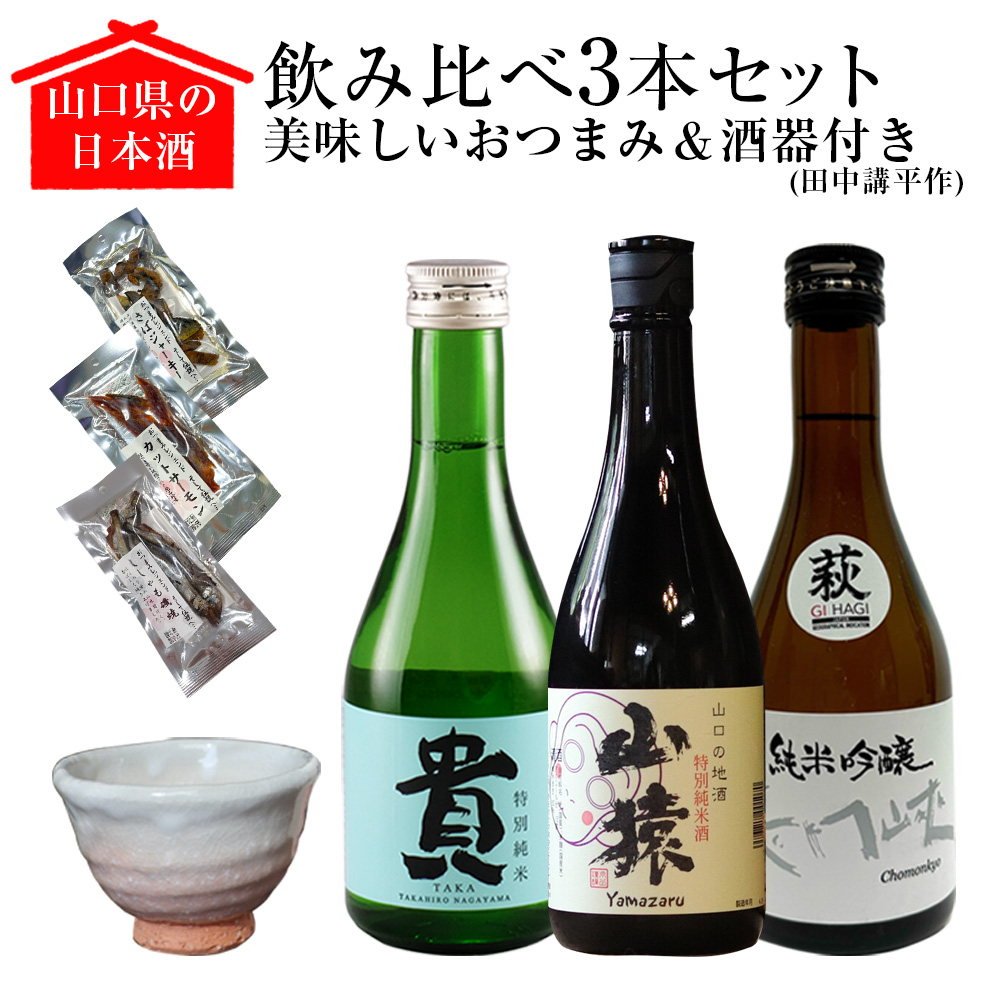 山口県の日本酒3本セット【美味しいおつまみ＆酒器（田中講平作）付き】