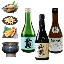 《すぐ着く便》山口地酒の飲み比べ3本セット【高級海鮮おつまみ/萩焼ぐい呑（山根清玩作）付き】