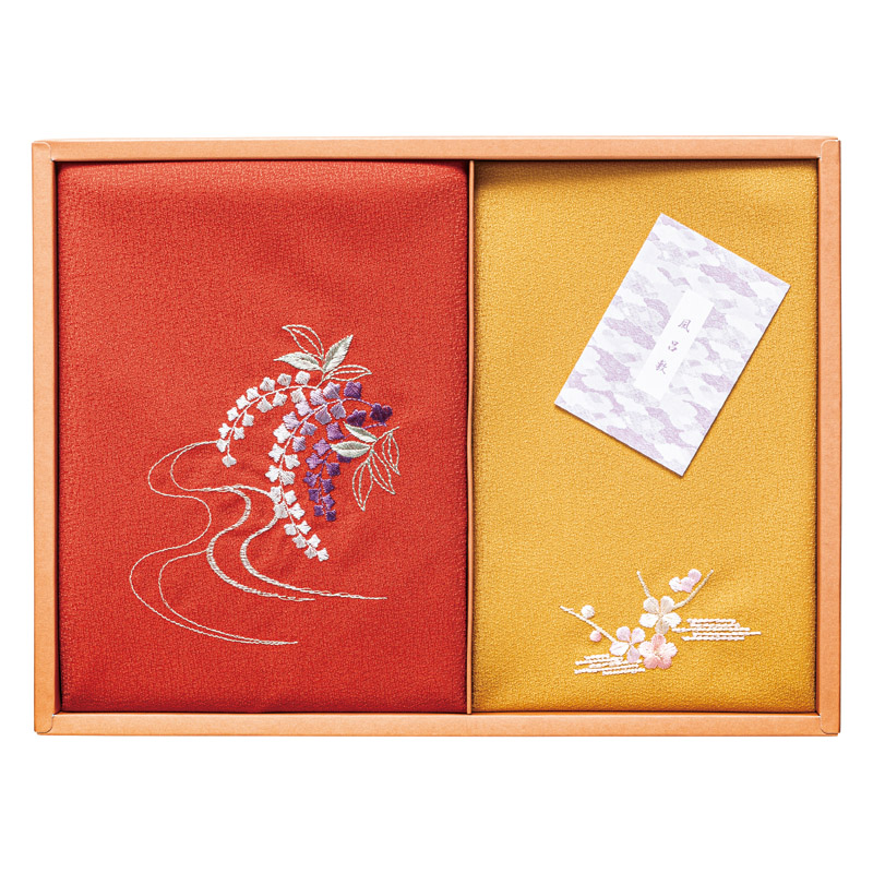 【一括お届け】洛北刺繍入り二巾風呂敷＆刺繍入り金封包み赤 B2018-146