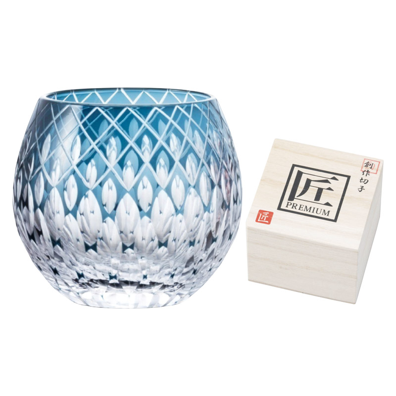 【送料無料】創作切子 匠 Premium玉響ロック360ml（木箱入）正倉院ブルー B2138-084