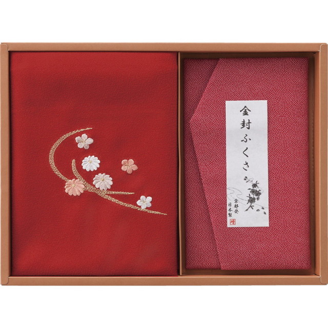 【一括お届け】洛北刺繍入り二巾風呂敷＆金封ふくさ赤 B1089-628
