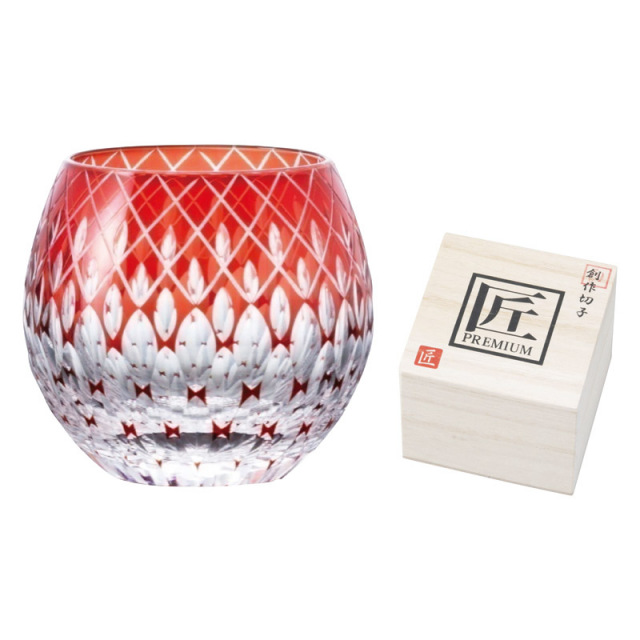 【送料無料】創作切子 匠 Premium玉響ロック360ml（木箱入）レッド B2138-077