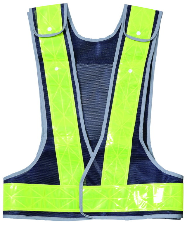サイズ調整型安全ベスト 70mm幅 台形シート付 紺 メッシュ / ライムイエロー 反射材