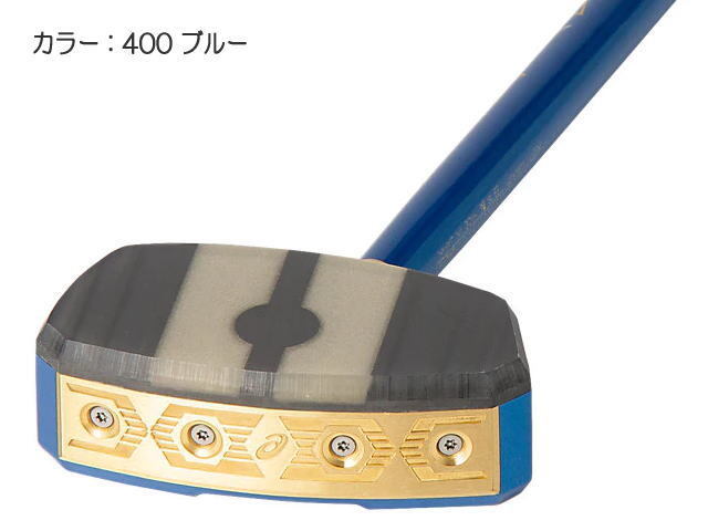 カラーブルー色、クラブヘッドフェイス部分、厚みの増した樹脂フェイス、ヘッドとシャフト繋ぎ目部分の真鍮ソケットで補強
