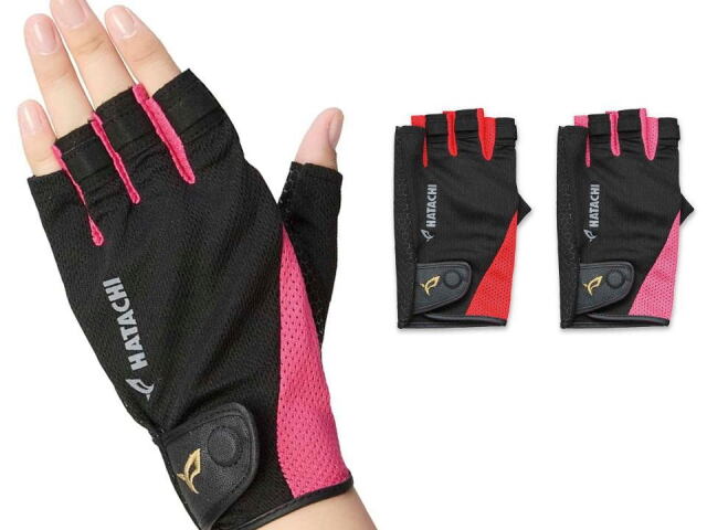 グラウンドゴルフやパークゴルフ向きグローブ 手袋 左右一組 全指切タイプ ハタチ 品番BH8014 ブラックとピンクの2色 サイズSMとMLの２つ