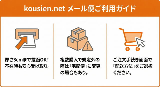 ポスト投函3cm迄OK。複数購入は宅配便または、メール便2個口になる場合もあります。