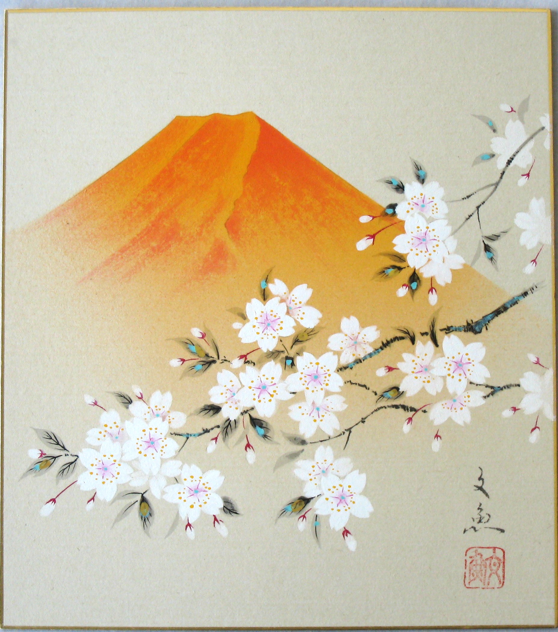 色紙　赤富士桜◆中谷文魚