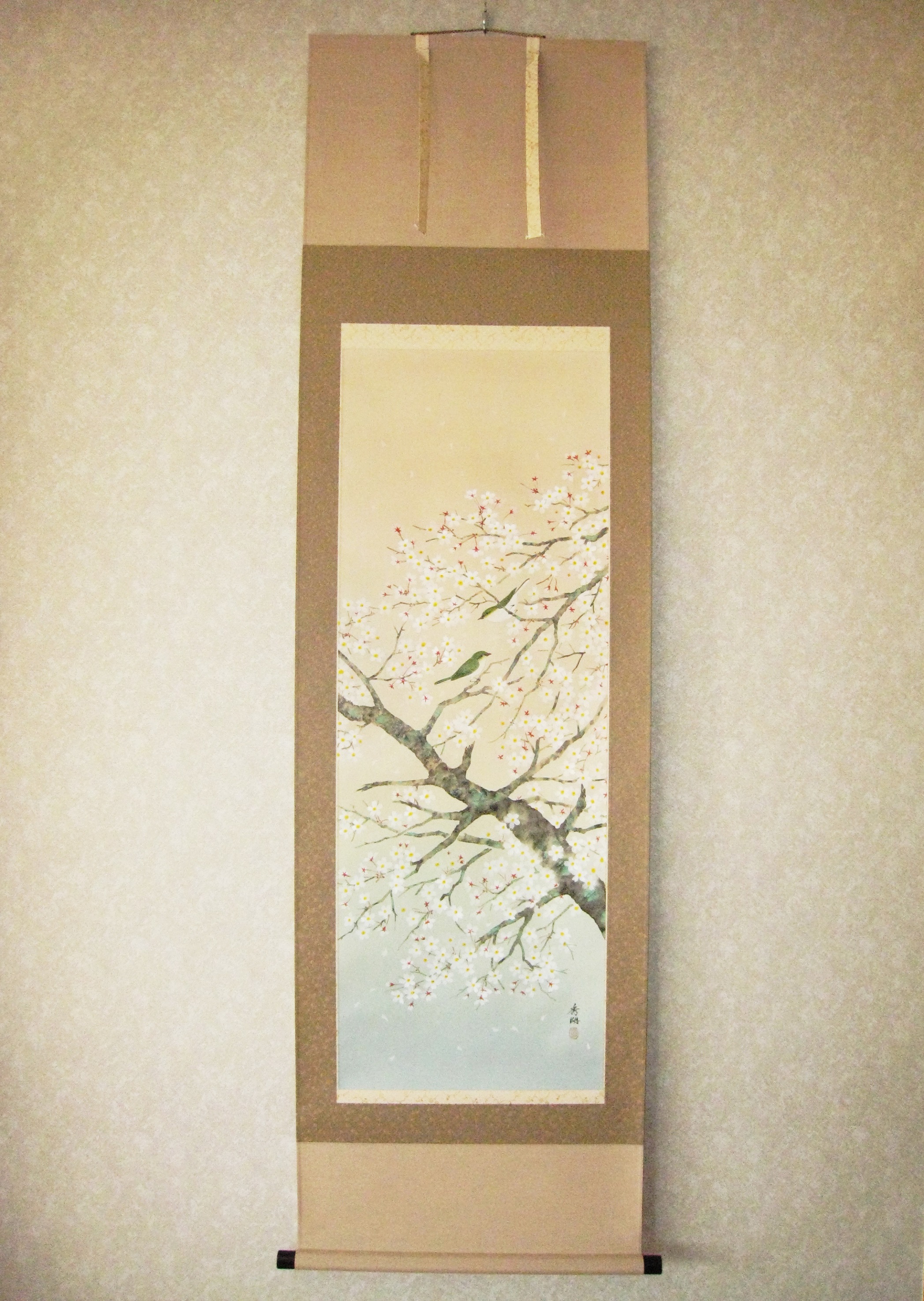 掛け軸　桜に小鳥◆鈴木秀湖