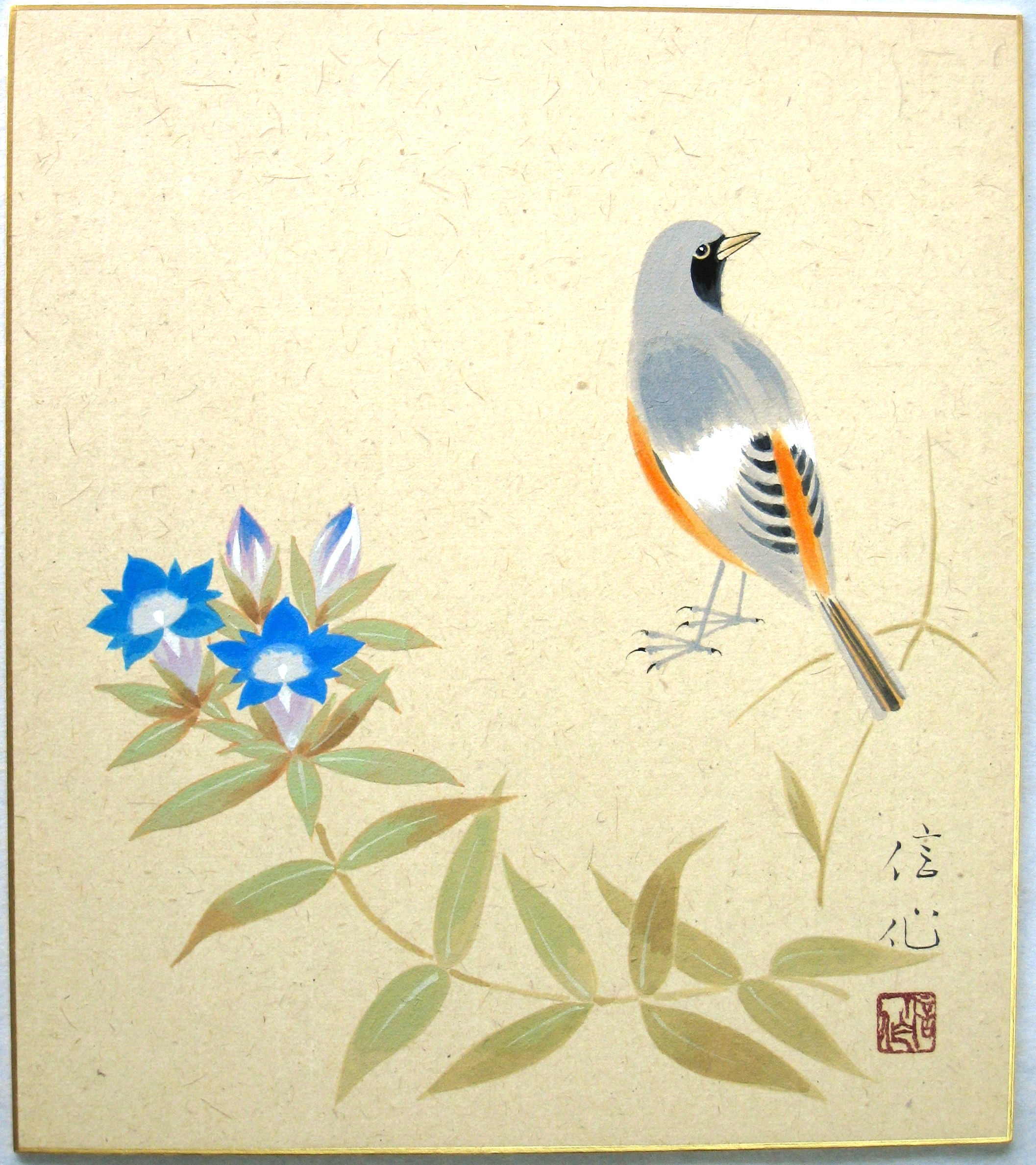 色紙　リンドウにジョウビタキ◆梅木信作