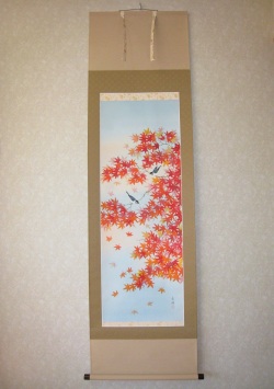 掛け軸　紅葉に小禽◆鈴木秀湖