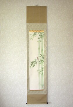 掛け軸　竹に雀◆藤田春穂 (真筆・新品) 九寸立 共箱・タトウ箱付