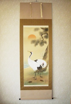 掛け軸　鶴亀◆岩田文鳳　尺八立