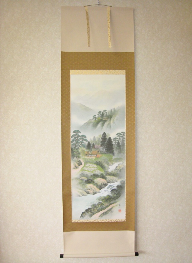 掛軸　水墨山水画　美術名典掲載画家　落款入り　鑑定書付き　桐箱　木箱付き　2 楽天市場】掛軸 掛け軸 水墨山水 平野秀峰 尺八立 約横71×縦