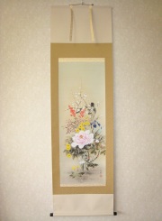 真作/草風/四季花図/桐共箱付/布袋屋掛軸HD-43 掛け軸 四季花◇鈴木優莉 (真作・新品)太巻