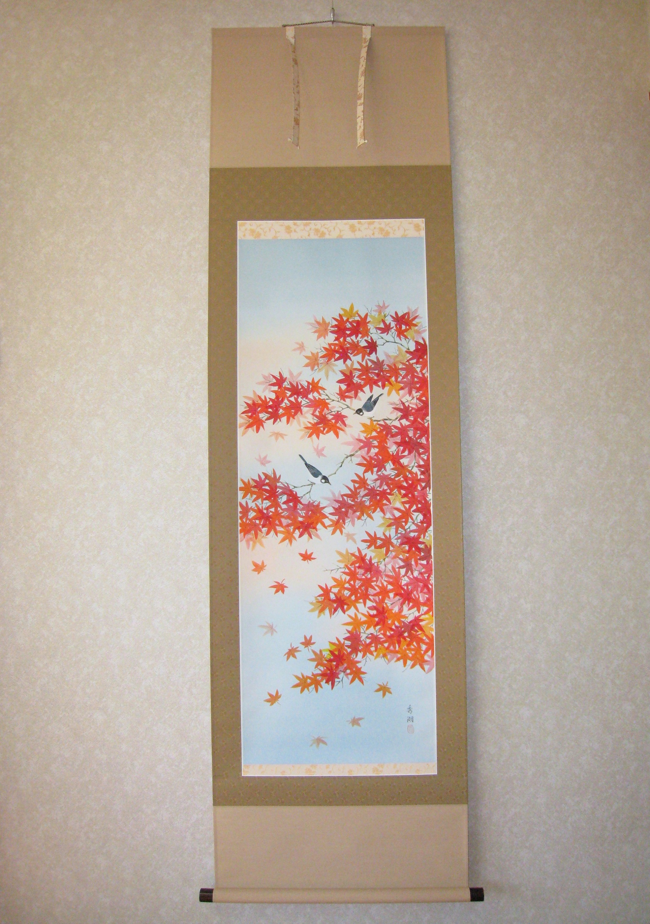 掛け軸　紅葉に小禽◆鈴木秀湖