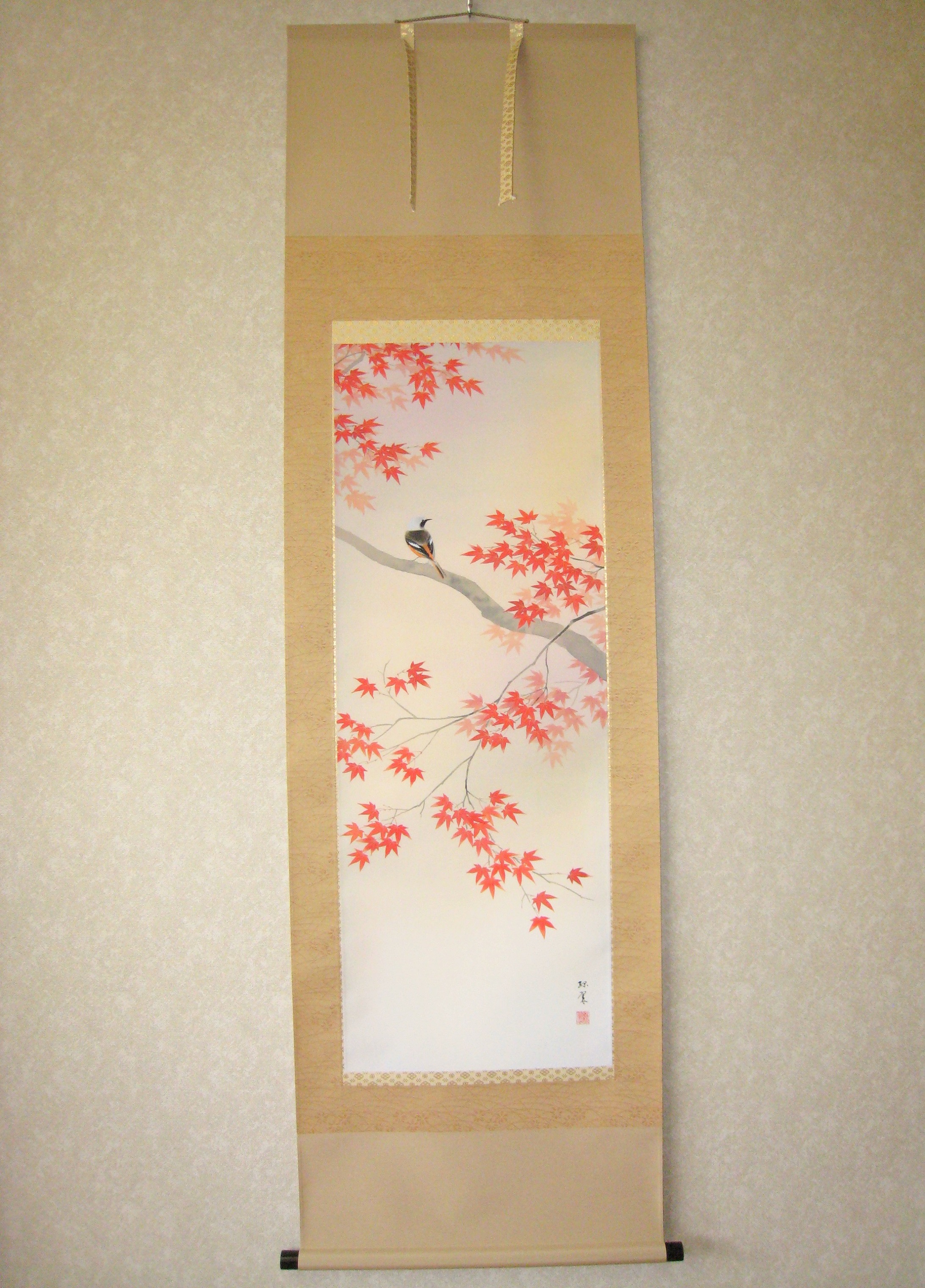 掛け軸　紅葉に小禽◆萩原緑翠