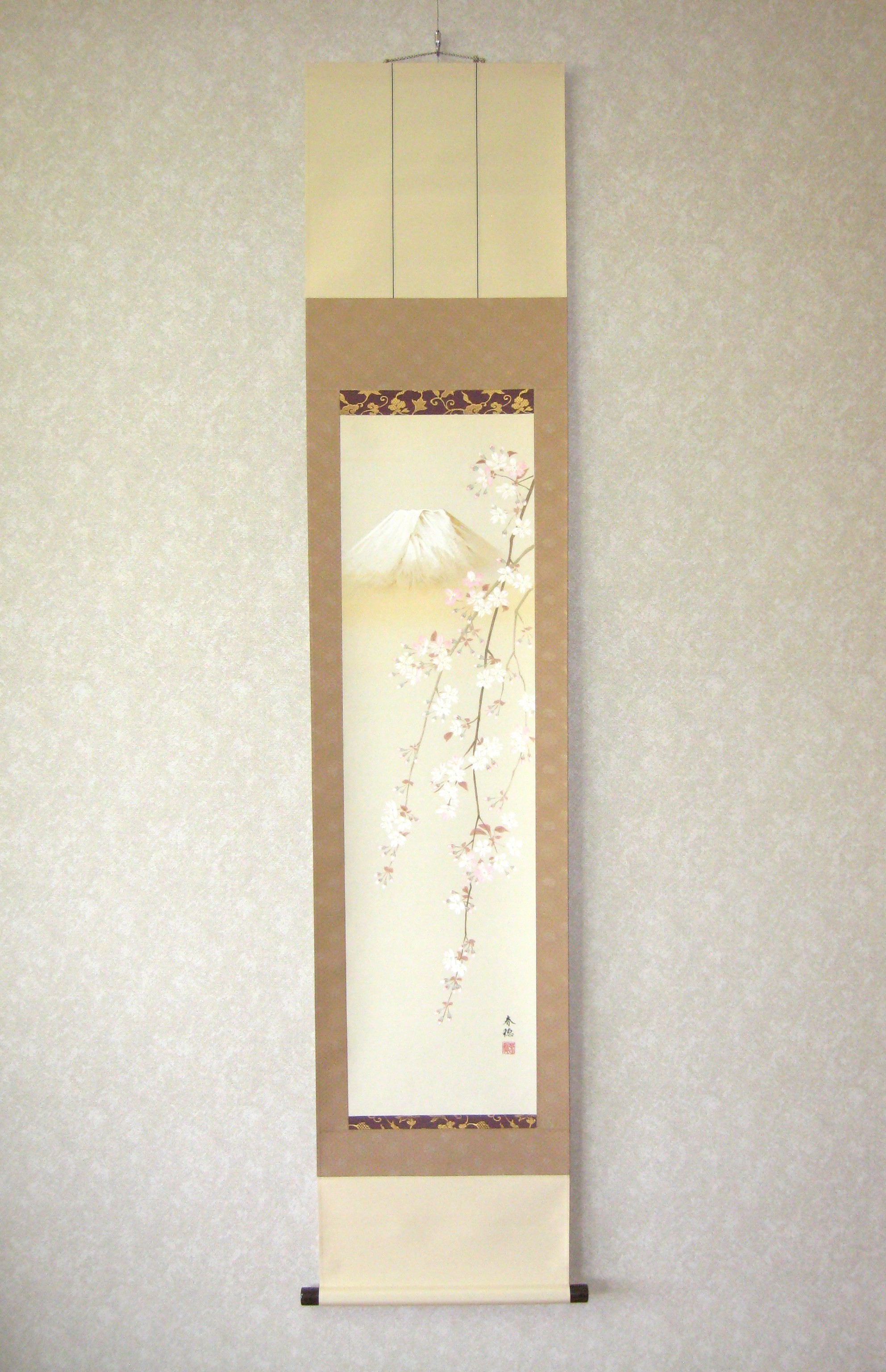 掛け軸　桜花富士◆藤田春穂 (真筆・新品) 九寸立 共箱・タトウ箱付
