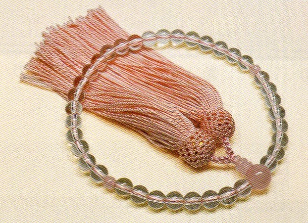 お念珠 女性用 水晶7ミリ ローズクォーツ仕立 正頭（ピンク）