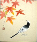 色紙　紅葉にセグロセキレイ◆梅木信作