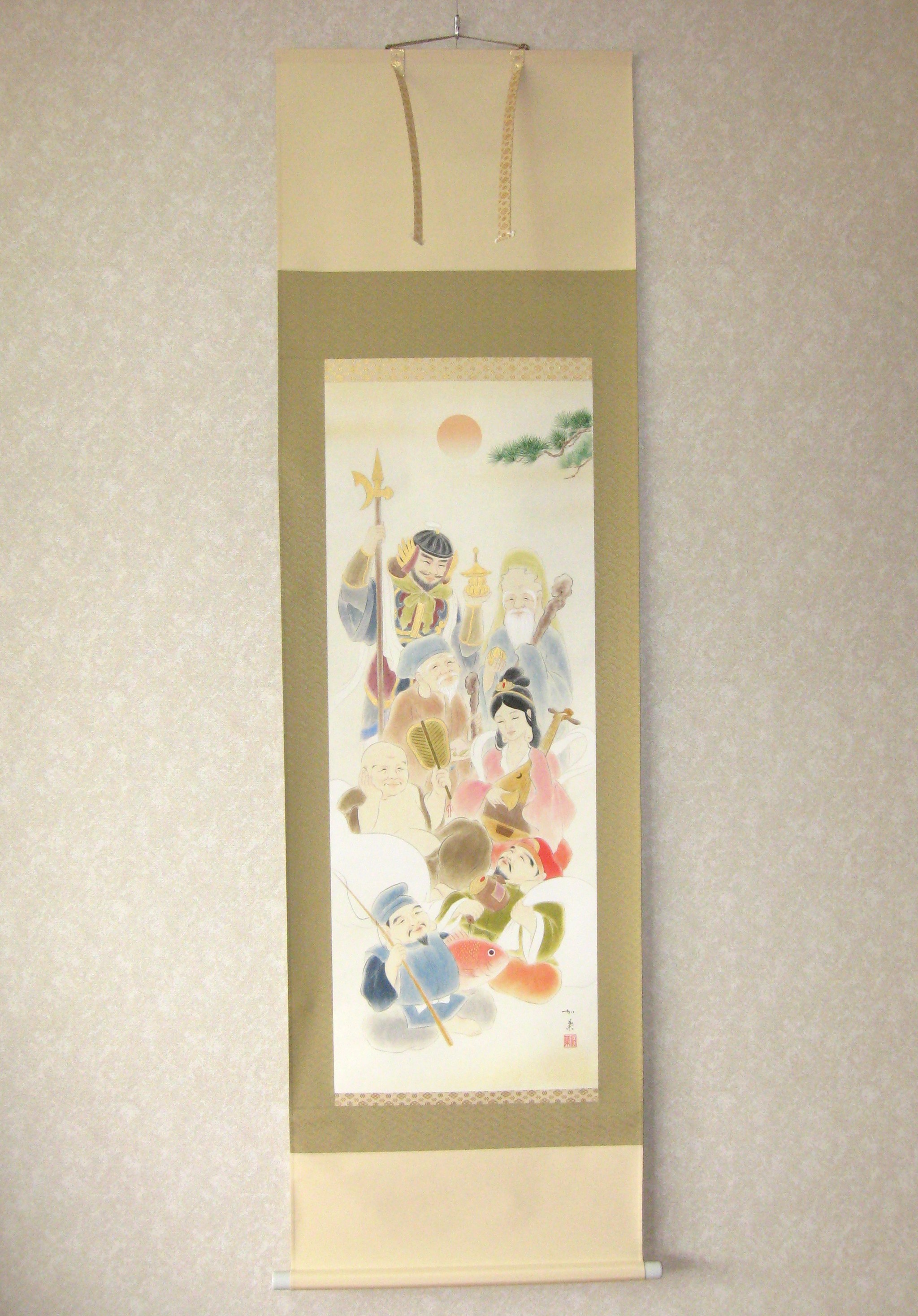 掛け軸　七福神祝宴◆白木加葉