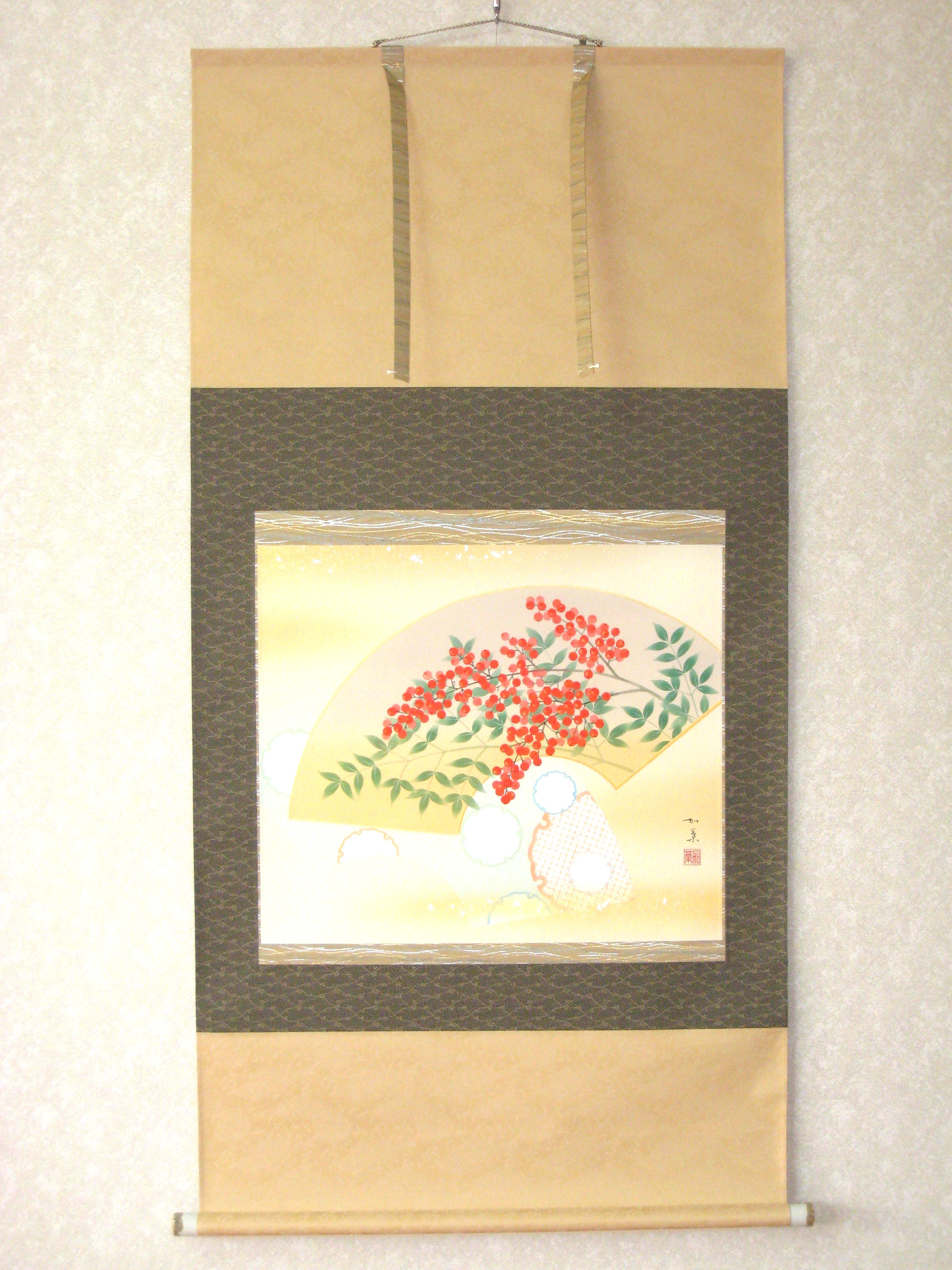 掛け軸　扇面 南天◆白木加葉　尺八横