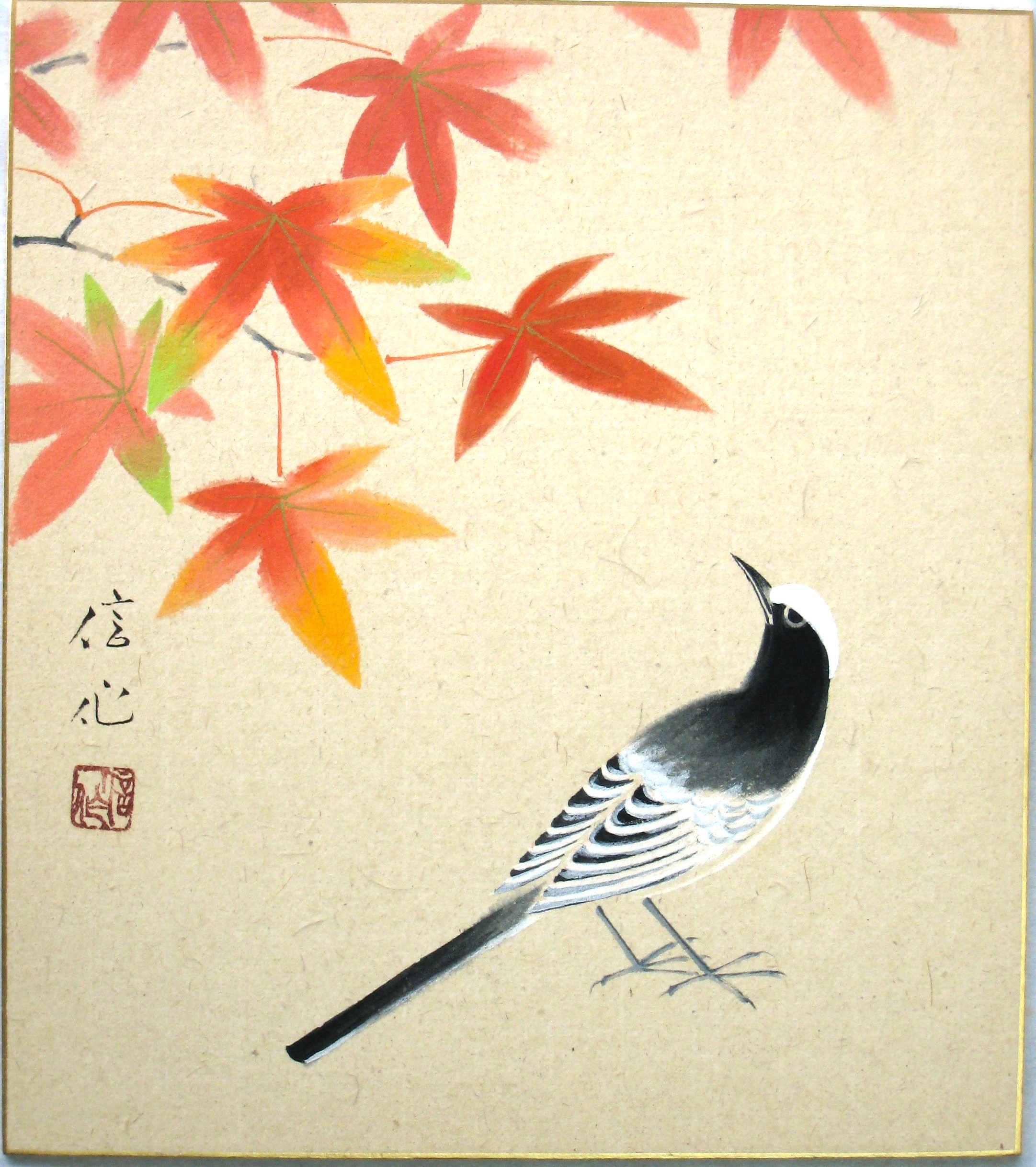 色紙　紅葉にセグロセキレイ◆梅木信作