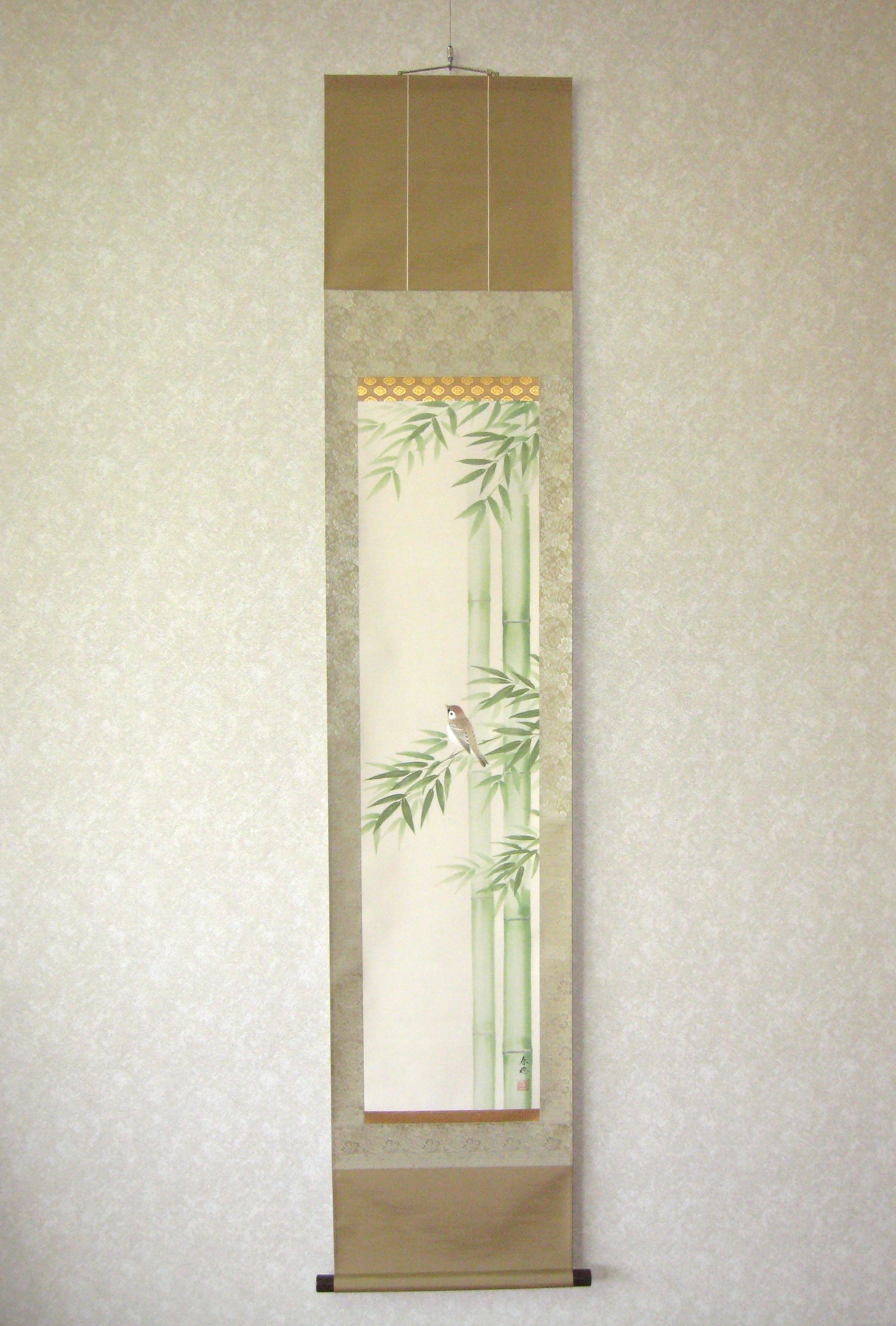 掛け軸　竹に雀◆藤田春穂 (真筆・新品) 九寸立 共箱・タトウ箱付