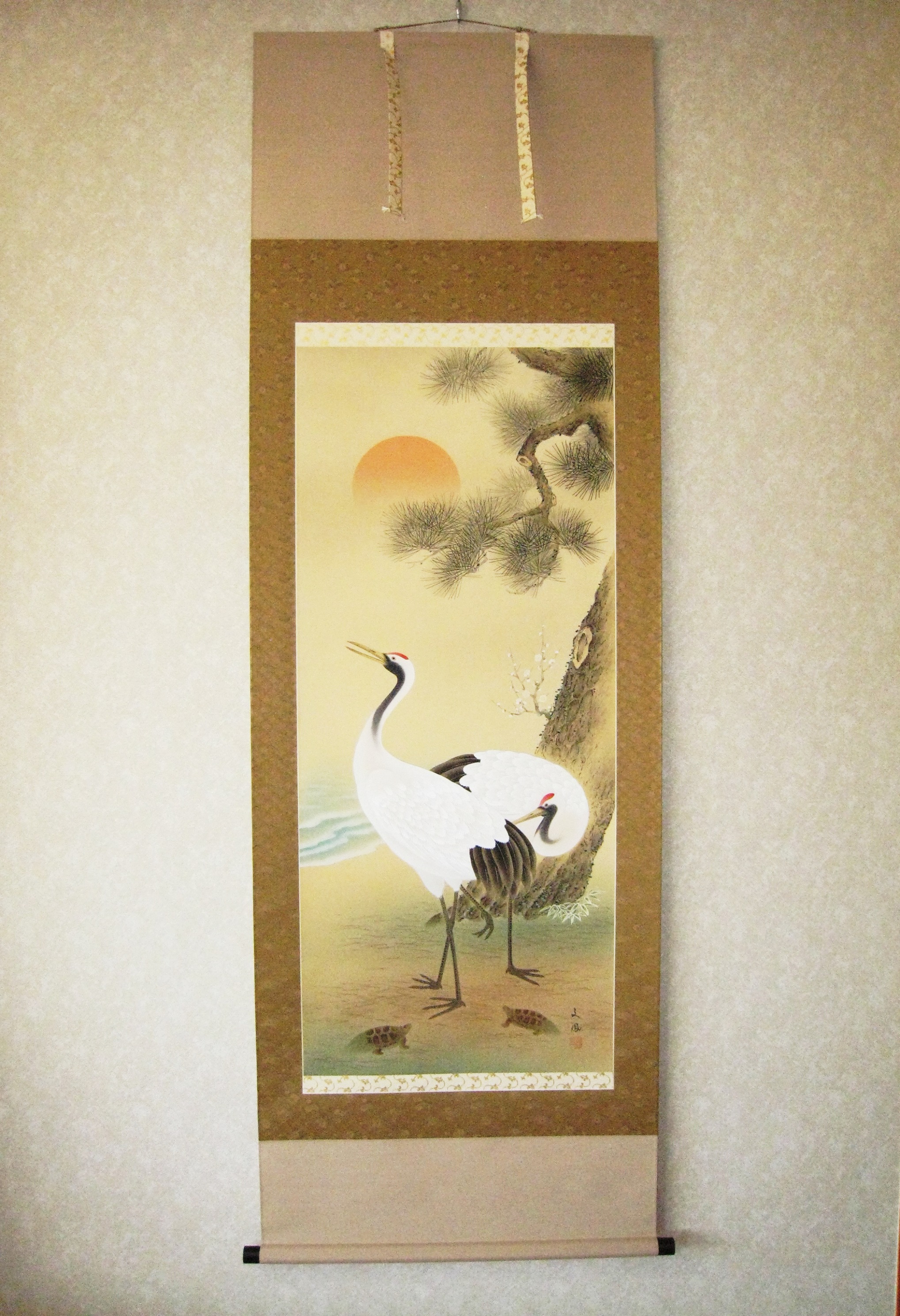 掛け軸　鶴亀◆岩田文鳳　尺八立