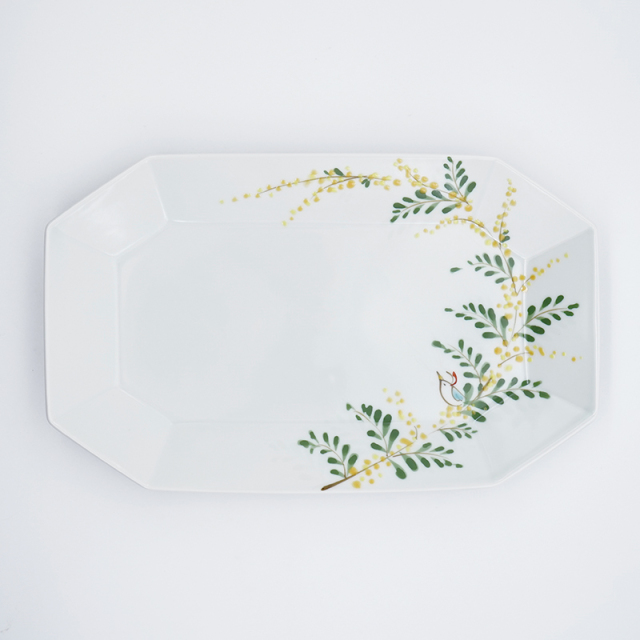 ★ 空萌工房 ★ ミモザとうさぎ 八角長皿 田口紀美子さん ミモザと小鳥／八角長皿(大)｜空萌工房(そらもえこうぼう)｜田口紀美子