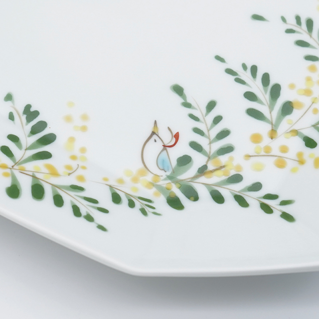 ミモザと小鳥／八角長皿(大)｜空萌工房(そらもえこうぼう)｜田口紀美子