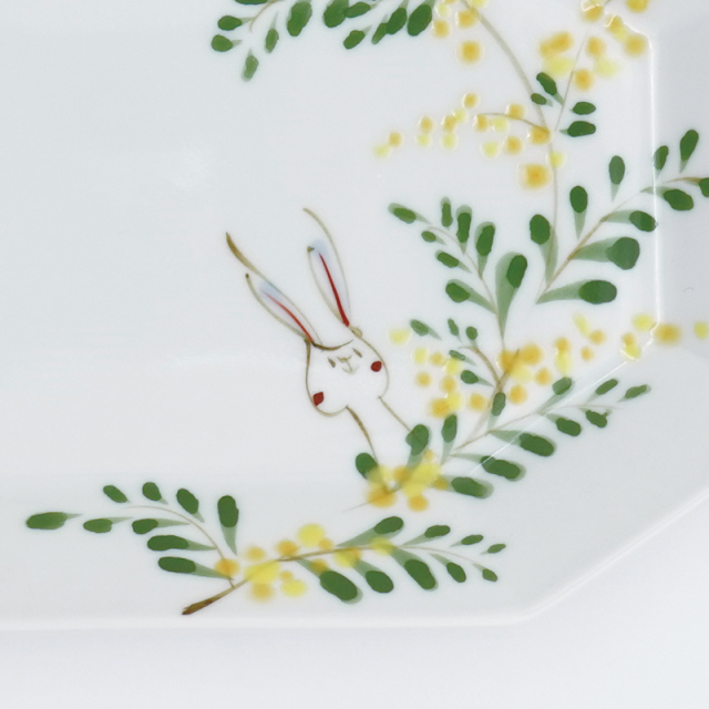 ミモザとうさぎ／八角長皿(小)｜空萌工房(そらもえこうぼう)｜田口紀美子