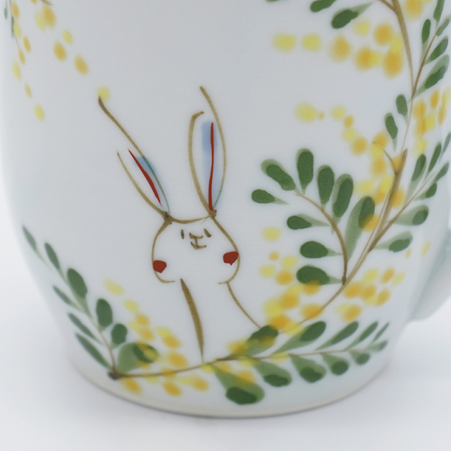 ミモザとうさぎ／マグカップ ｜空萌工房(そらもえこうぼう)｜田口紀美子
