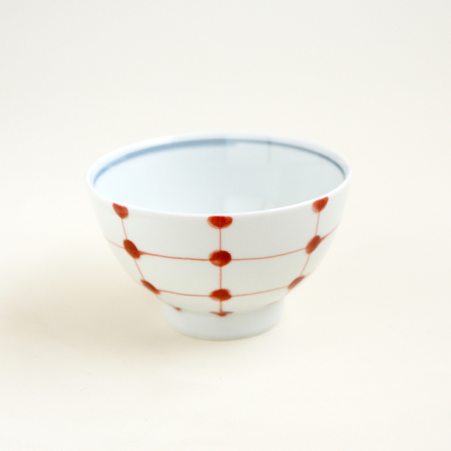 波佐見焼 福峰窯 点格子 茶碗 赤