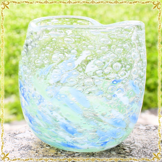 琉球ガラス「気泡の海ハートグラス/青×緑」