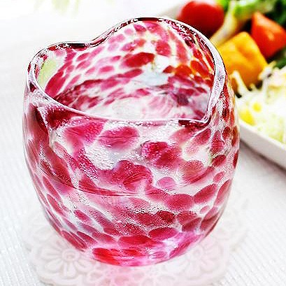 琉球ガラス「波の花ハートグラス/金赤・ピンク」