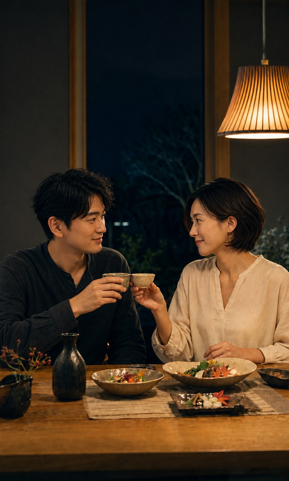 夜の食卓で乾杯する恋人同士