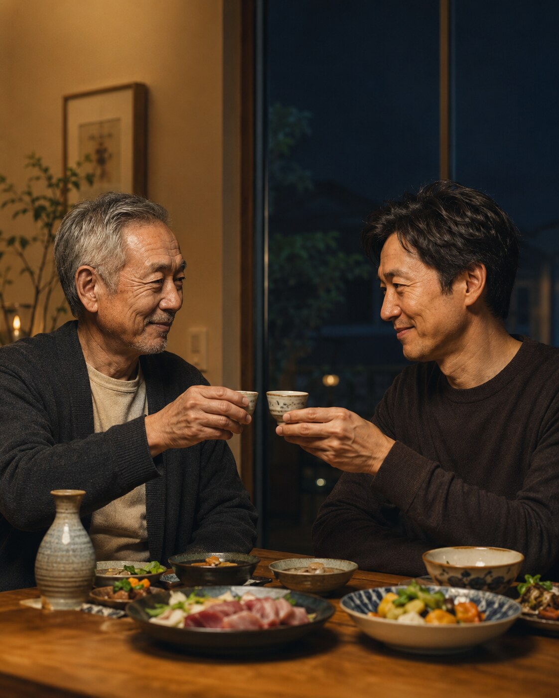 夜の食卓で乾杯する父と息子
