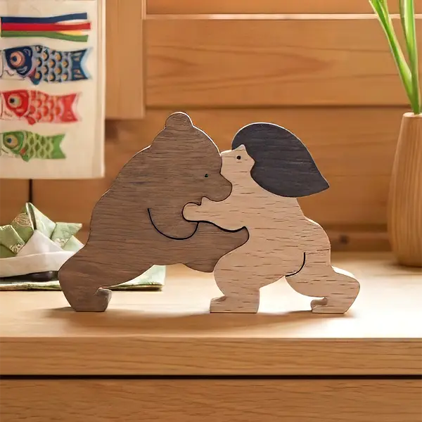 組み木の五月人形 すもうをとるクマと金太郎(小)｜小黒三郎