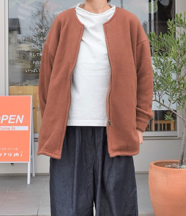 【50%OFF】prit　パイルジャーマン起毛ノーカラーZIPラウンドヘムカーディガン（ブラウン） #大人冬アウター