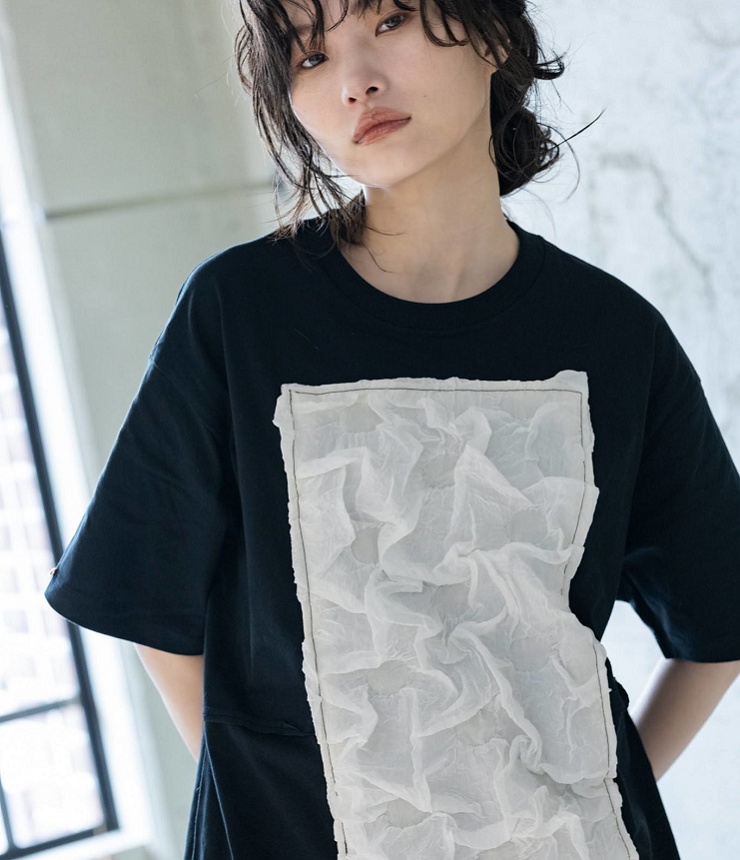 REHERSALL　モコモコフラワーパネルＴシャツ（ブラック/ホワイト）　WT1155